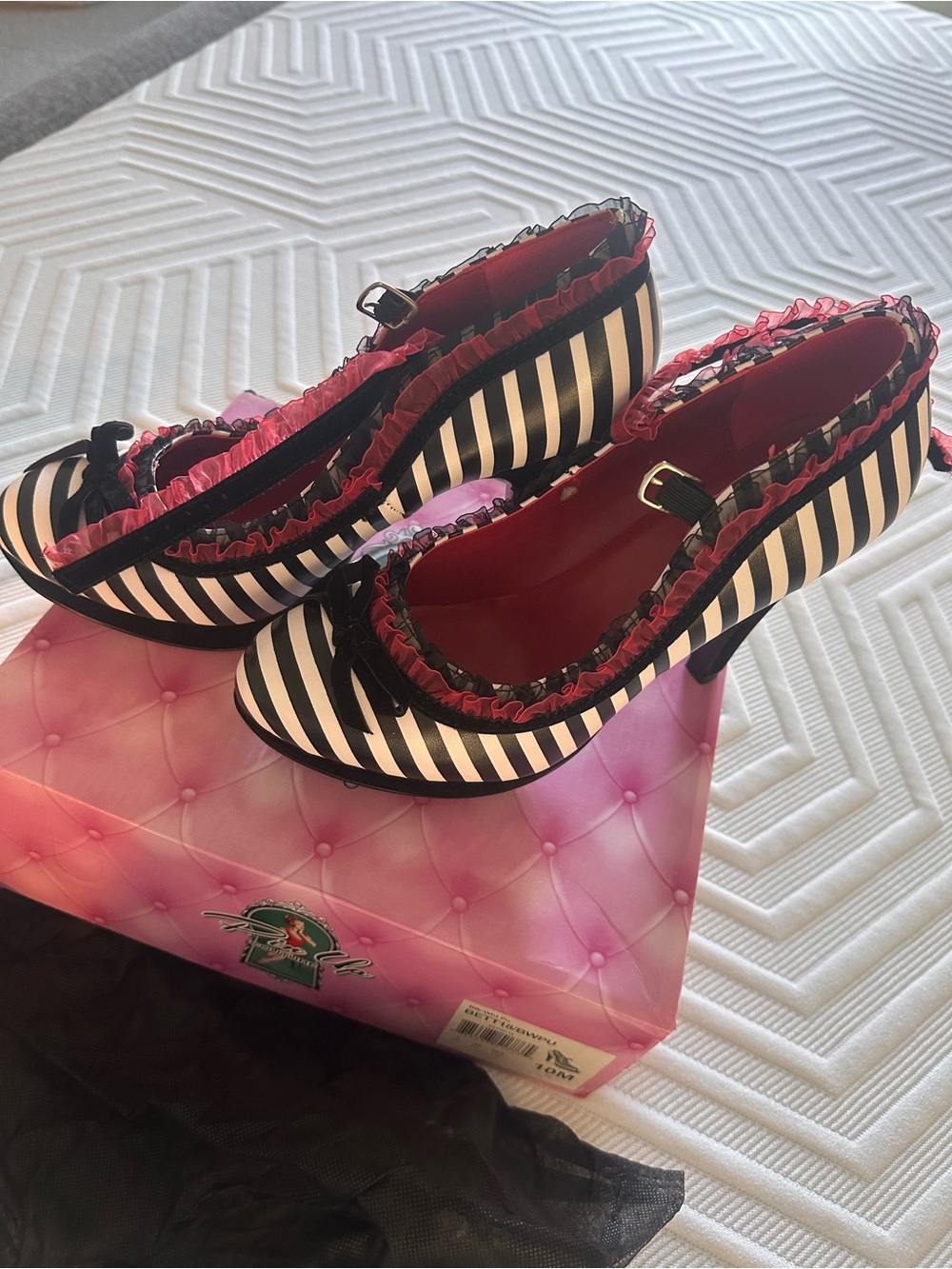 Pleaser Black and White Striped Mary Jane Heels with Red Trim